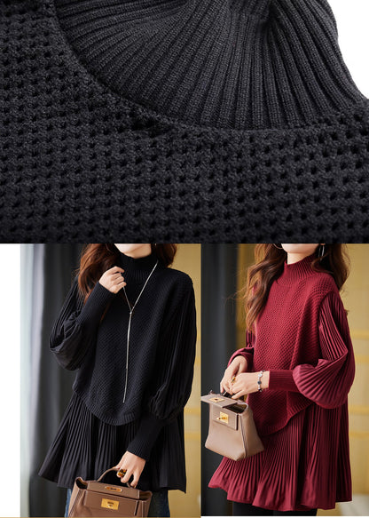 Black Patchwork Knit Fake Two Piece Tops Wrinkled Spring