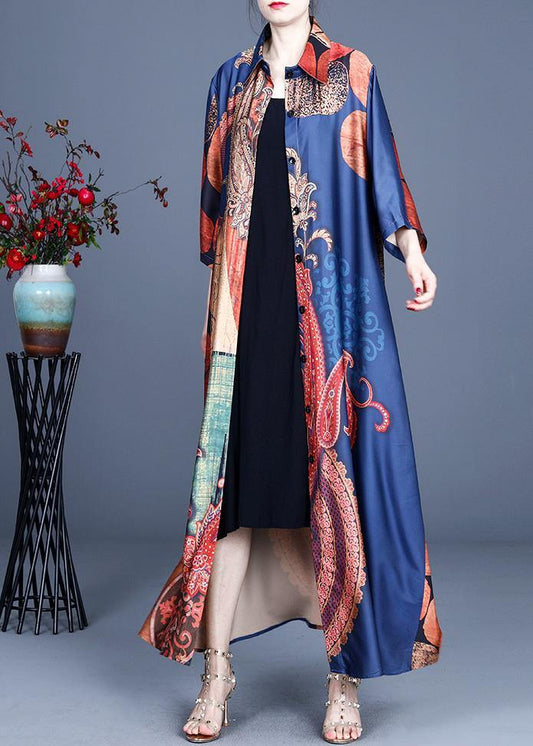 Blue Print Summer Silk Button Cardigan Long