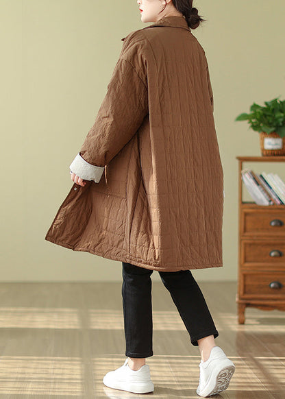 Coffee Peter Pan Collar Pockets Fine Cotton Filled Coat Winter