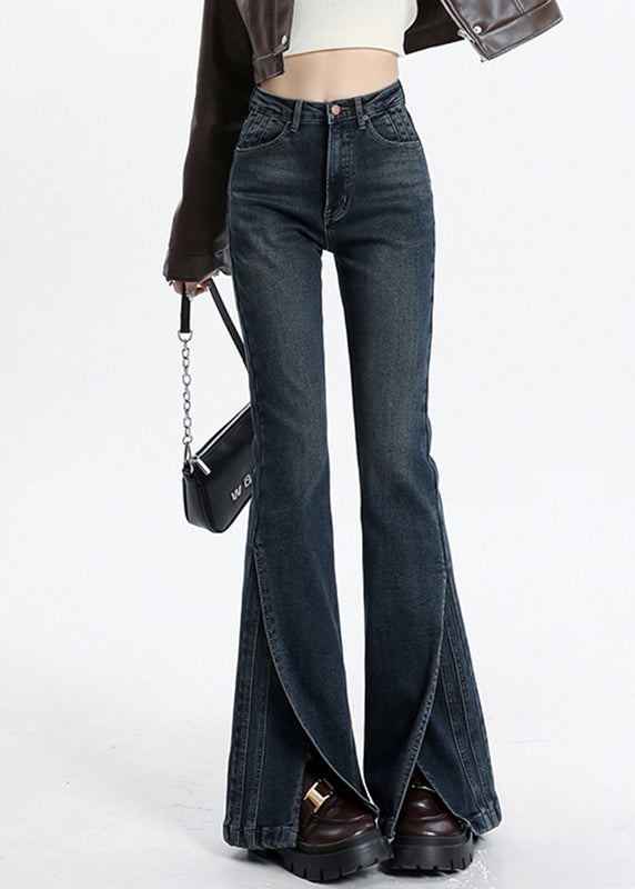 Blue Asymmetrical Pockets Patchwork High Waist Denim Flared Trousers Spring