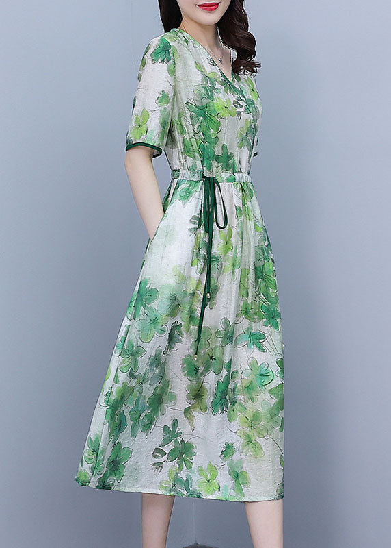 Green V Neck Drawstring Print Silk Cinch Dresses Short Sleeve