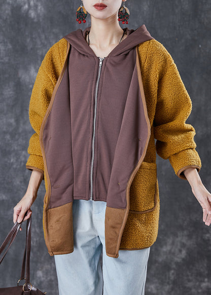 Fitted Yellow Hooded Patchwork Faux Fur Fake Two Piece Jacket Winter
