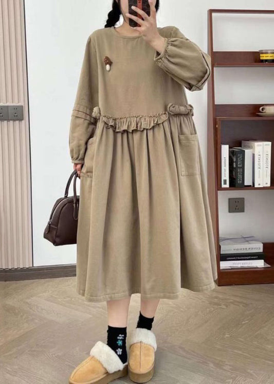 Khaki Wrinkled Cotton Long Dress O Neck Long Sleeve