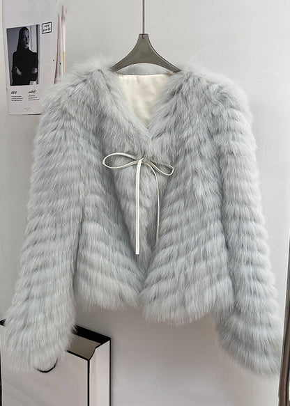 Italian Milk Tea Color V Neck Lace Up Leather and Fur Coats Winte