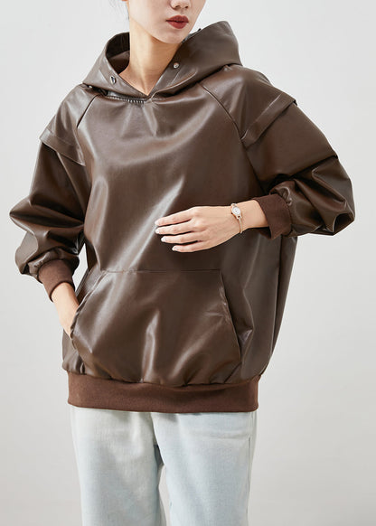 Chocolate Faux Leather Loose Sweatshirt Hooded Fall