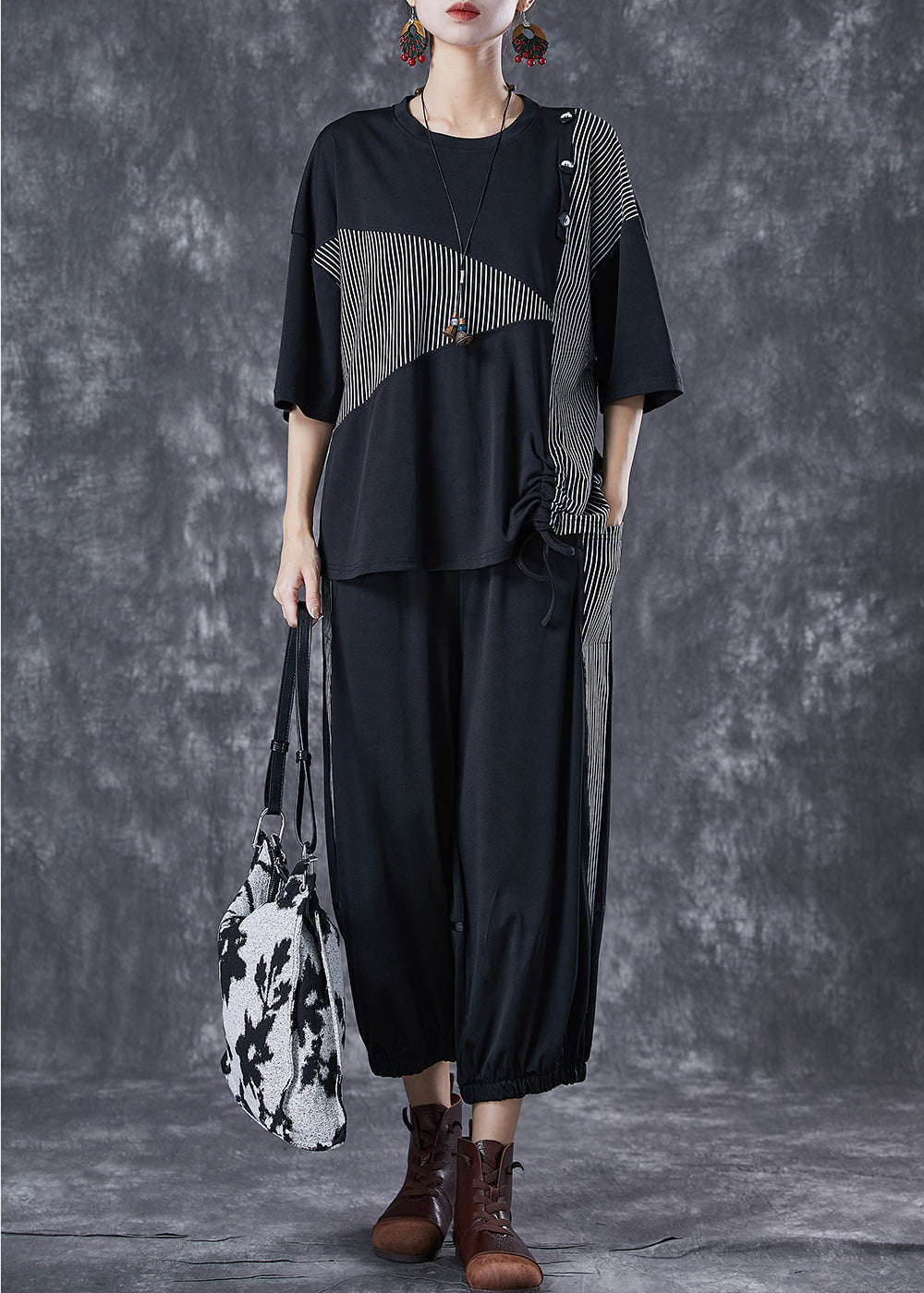 Black Cinched Patchwork Striped Cotton Two Piece Set Summer