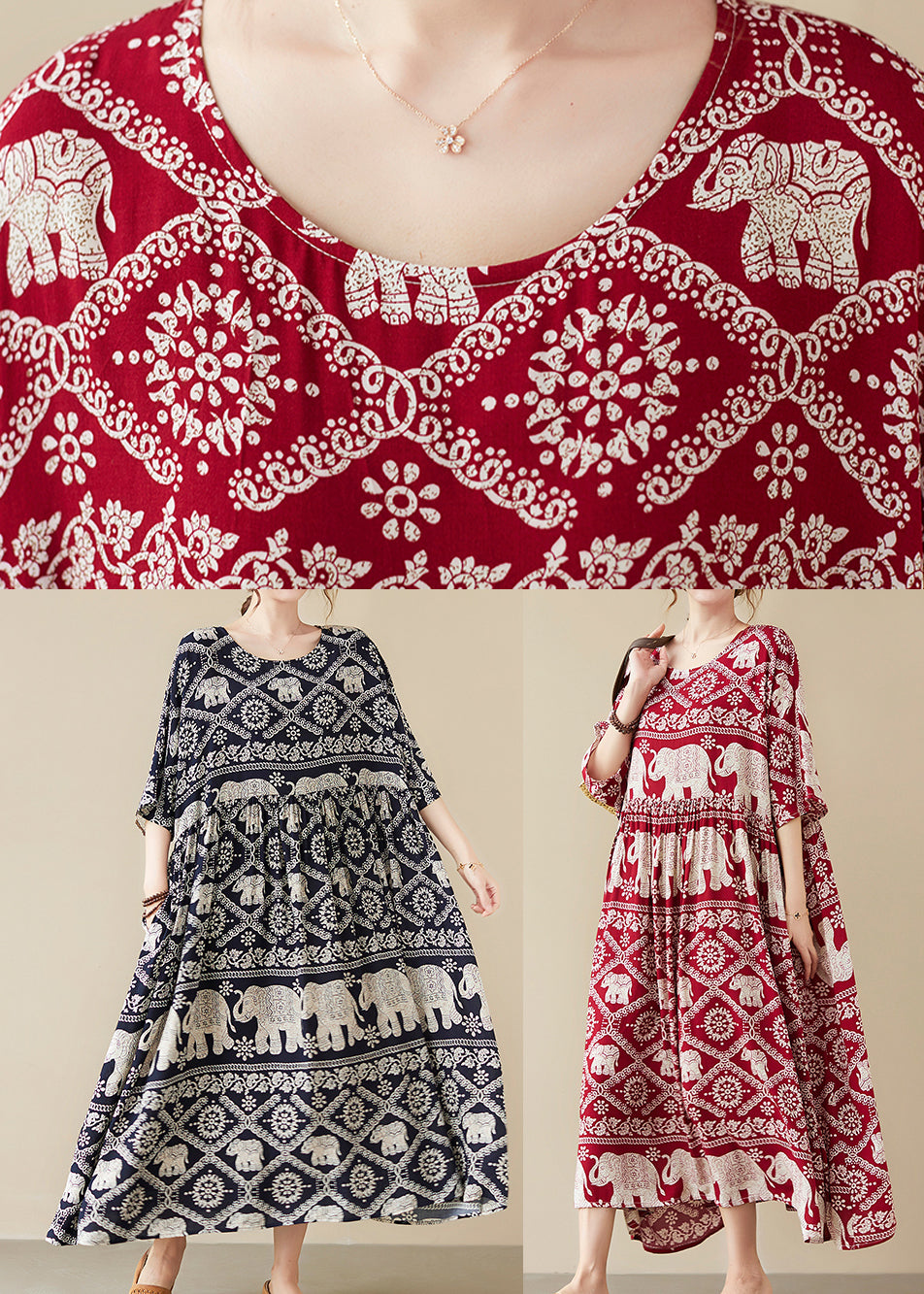 Mulberry Elephant Print Chiffon Long Dress Wrinkled Half Sleeve