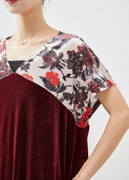 Mulberry V Neck Patchwork Silk Velour Party Dress Short Sleeve