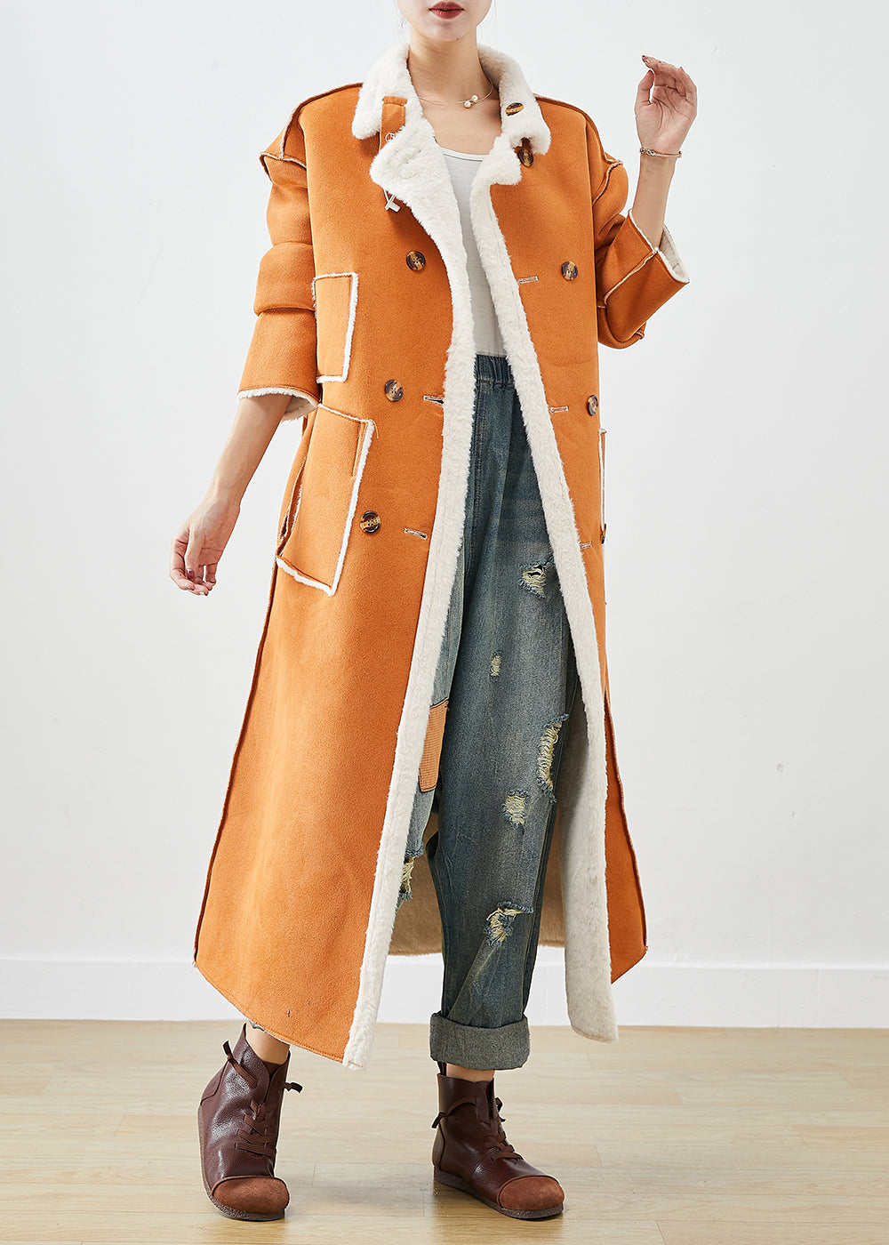Modern Orange Double Breast Fuzzy Fur Fluffy Wear on Both Sides Coats Winter
