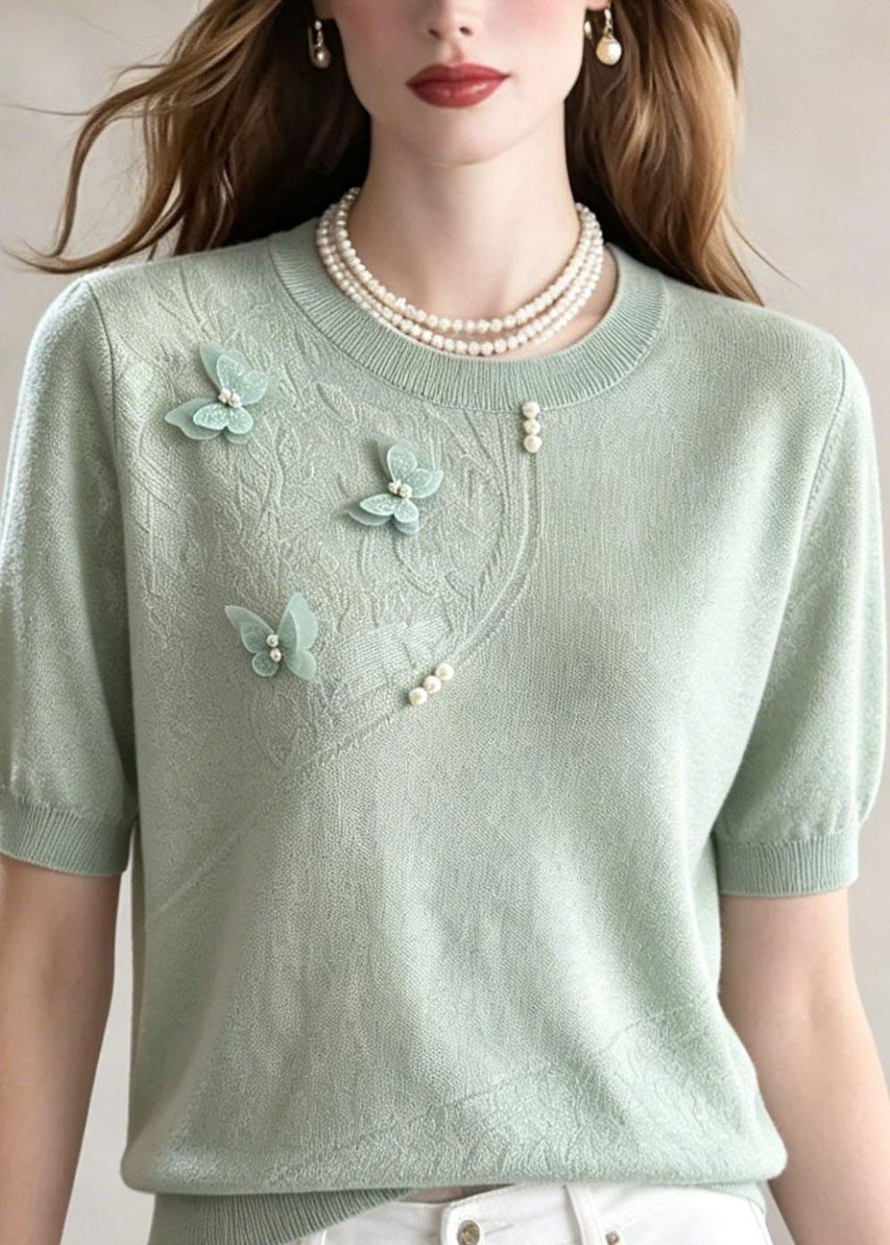 Green Jacquard Butterfly Nail Bead Thin Knit Tops Summer