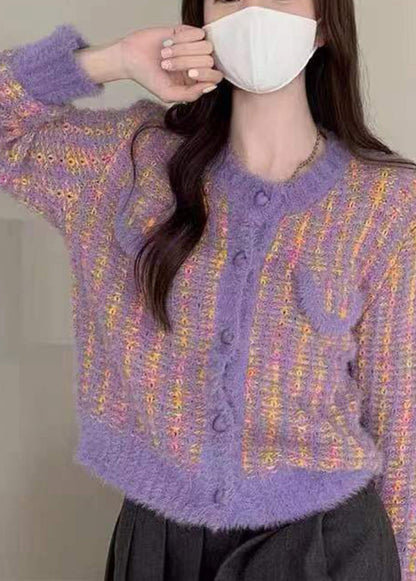Purple O Neck Button Mink Hair Knitted Coats Fall