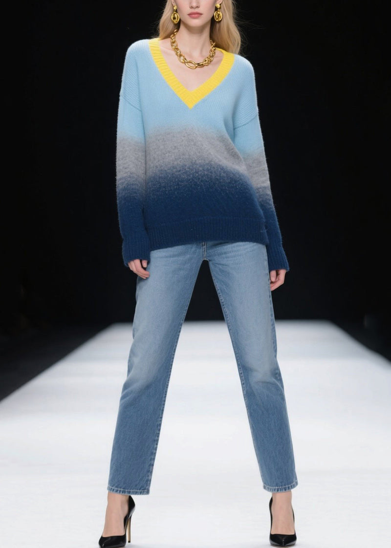 Mixed Color V Neck Warm Knitted Tops Winter