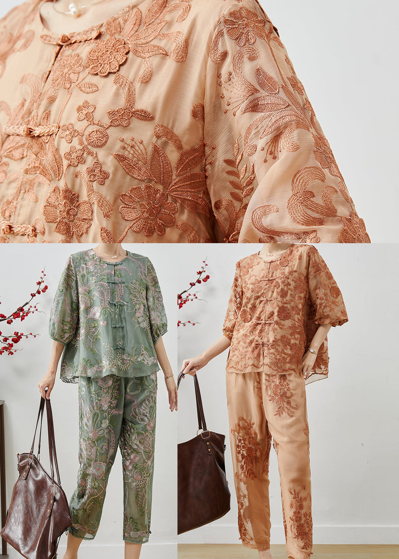 Green Embroidered Chinese Button Silk Two Pieces Set Summer