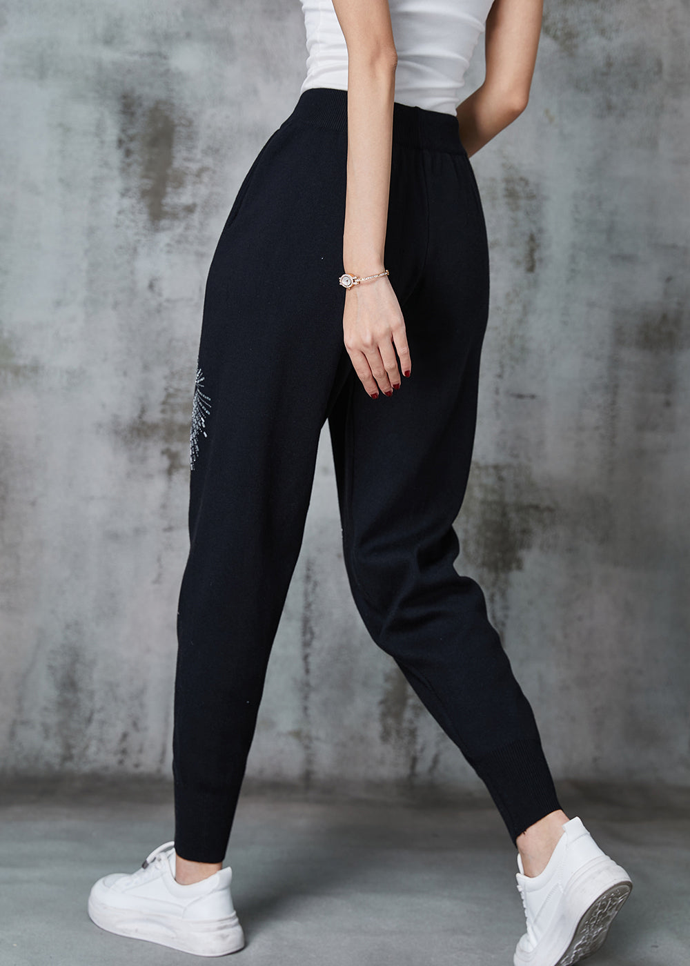 Diy Black Elastic Waist Zircon Cotton Harem Pants Spring
