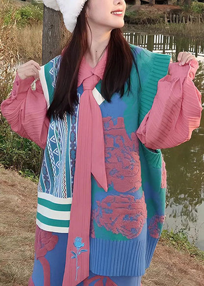 Pink Asymmetrical Cotton Knit Waistcoat Sleeveless