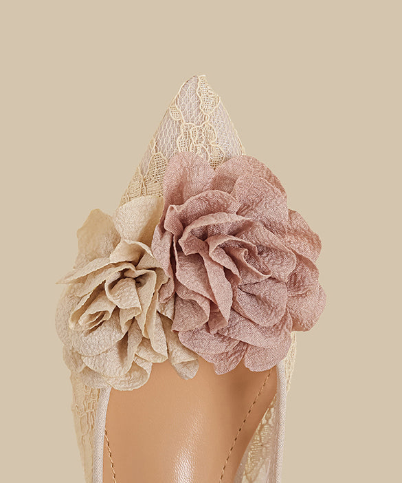 Apricot Lace Flat Feet Shoes Splicing Pointed Toe