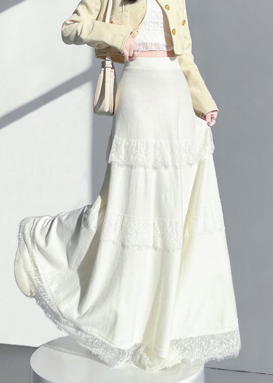 Apricot Lace Patchwork Knit Skirt Elastic Waist