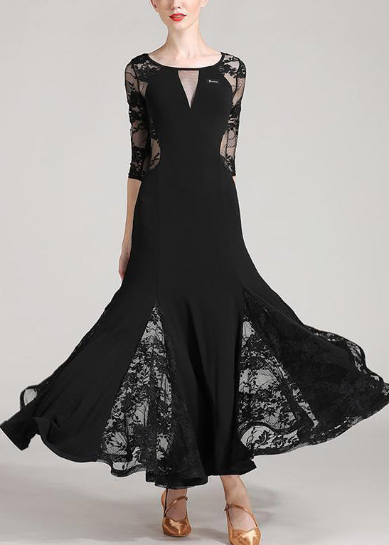Black O Neck Lace Patchwork Dresses Half Sleeve