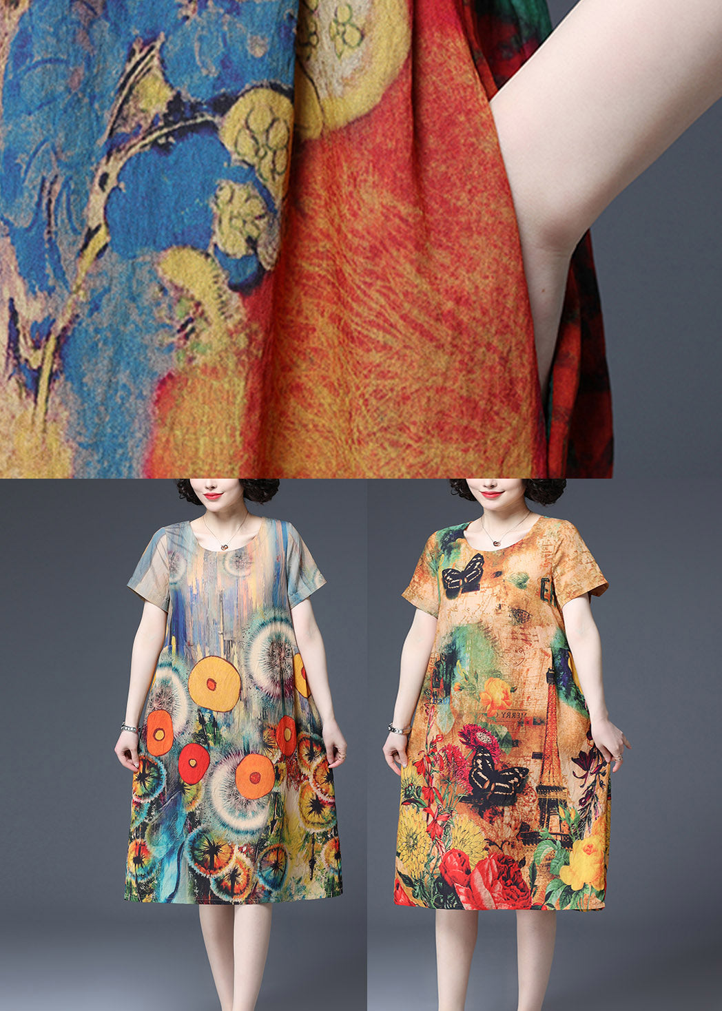 Green Print Wrinkled Cotton Dresses Short Sleeve