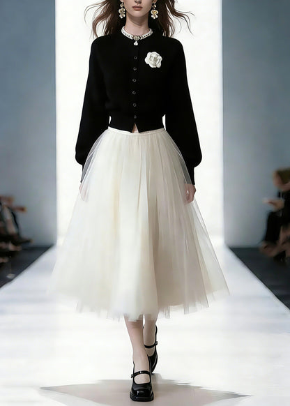 Cotton Knit Cardigans and Tulle Maxi Skirts Two Piece Set Spring