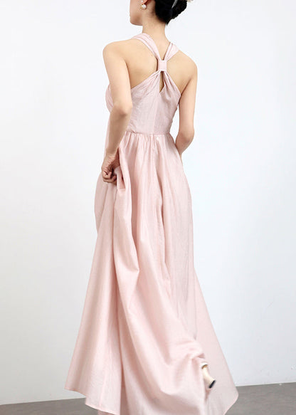 Pink Cold Shoulder Pearl Cotton Maxi Dresses Sleeveless