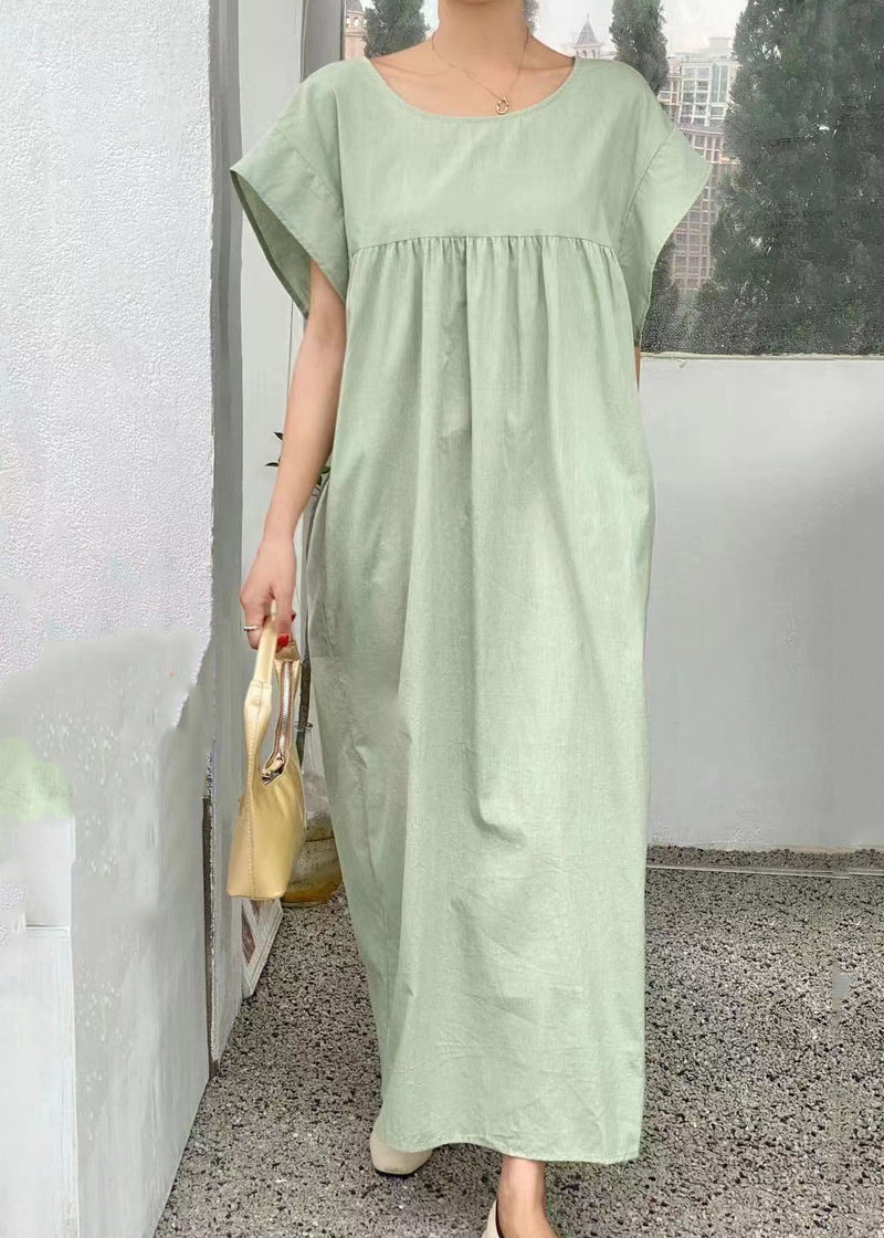 Light Green V Neck Wrinkled Patchwork Cotton Dresses Summer