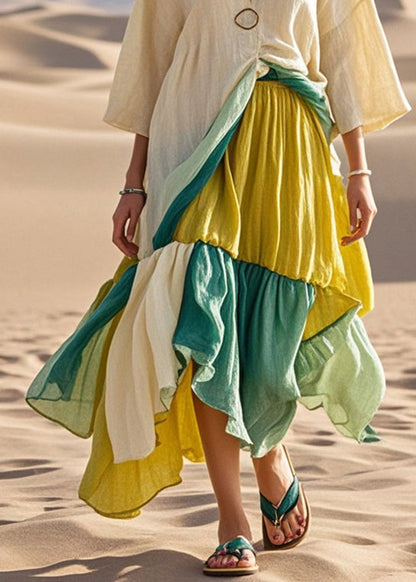 Khaki Asymmetrical Patchwork Cotton Maxi Dresses Bracelet Sleeve