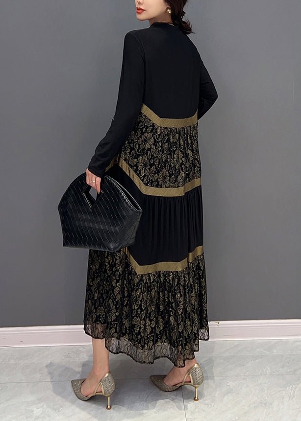 Black V Neck Print Tulle Patchwork Cotton Dresses Fall