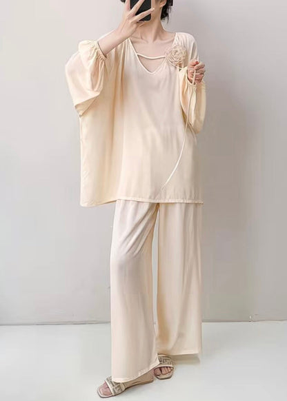 Apricot Oversized Cotton Fall Pajamas Two Pieces Set V Neck
