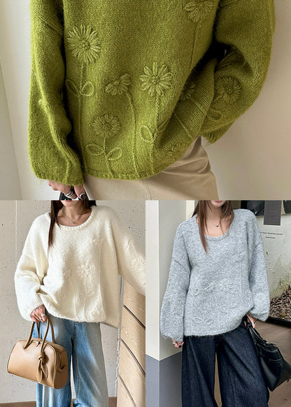 Grey Jacquard Thic Knit Sweater Tops Winter