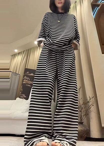 Black Oversized Striped Cotton Two Pieces Set Fall