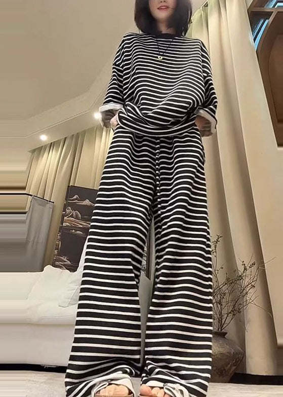 Black Oversized Striped Cotton Two Pieces Set Fall