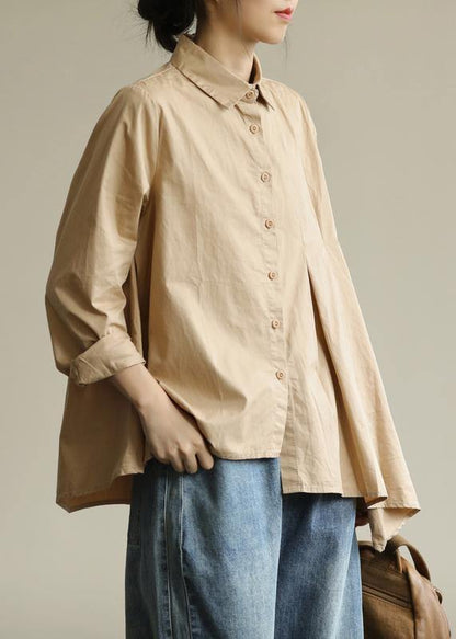 Organic Khaki Tunic Lapel Asymmetric Short Shirt Spring