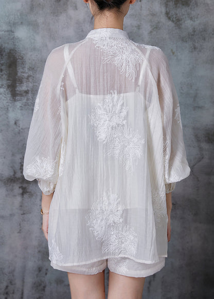 White Embroidered Chinese Button Chiffon Two Piece Set Summer