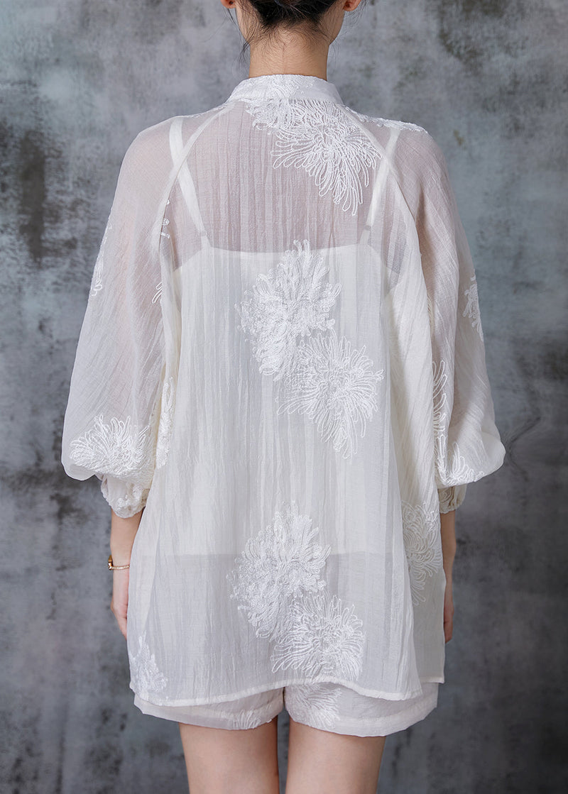 White Embroidered Chinese Button Chiffon Two Piece Set Summer
