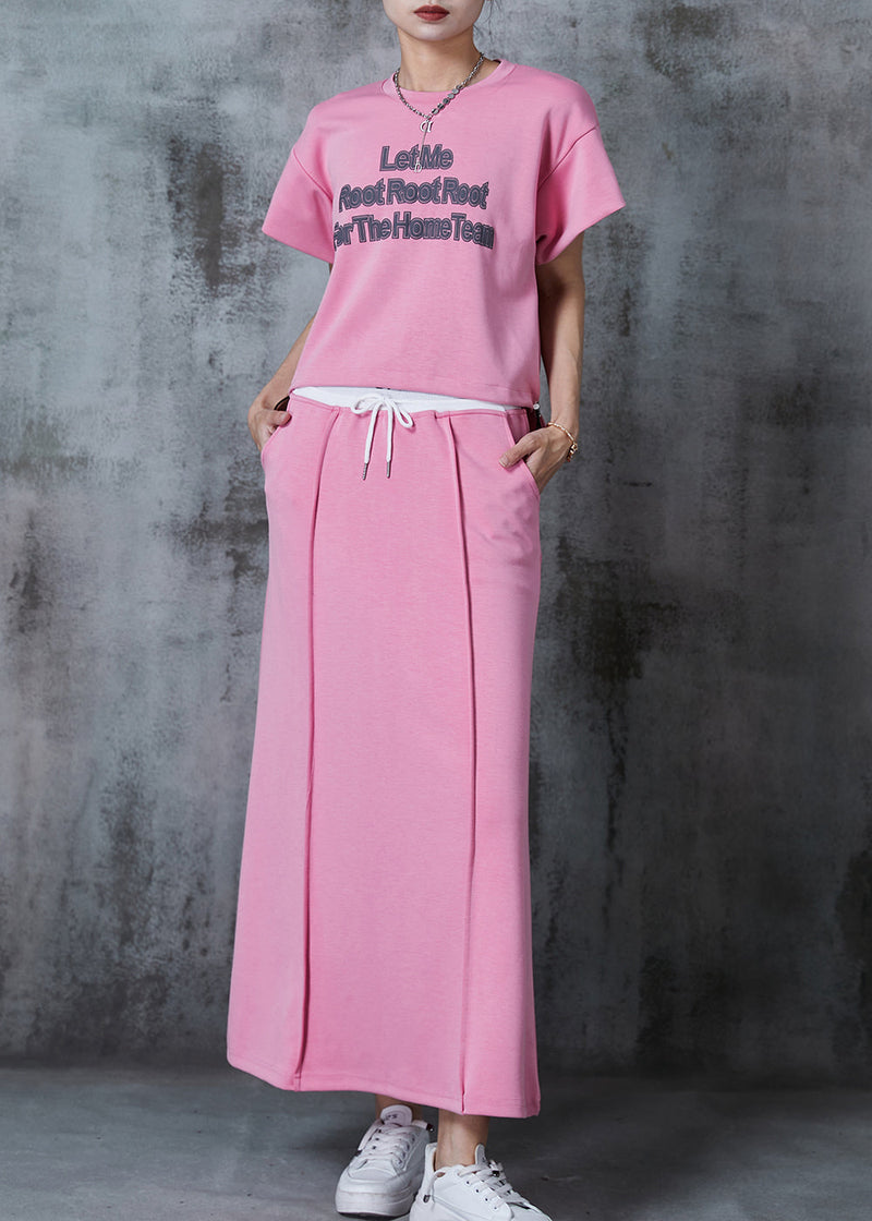 Pink Letter Print Cotton Two Piece Set Outfits Summer