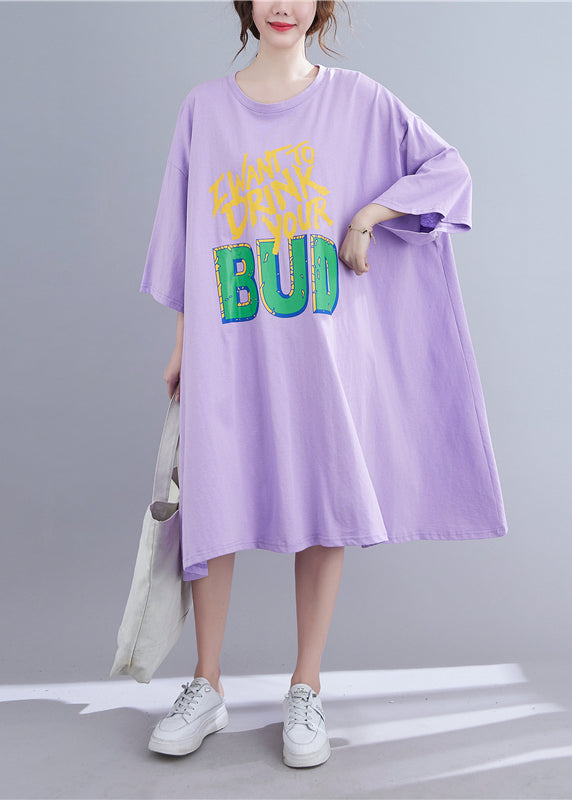 Purple O-neck Long Dress Long Sleeve