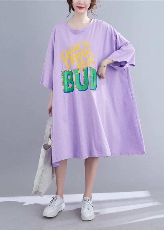 Purple O-neck Long Dress Long Sleeve