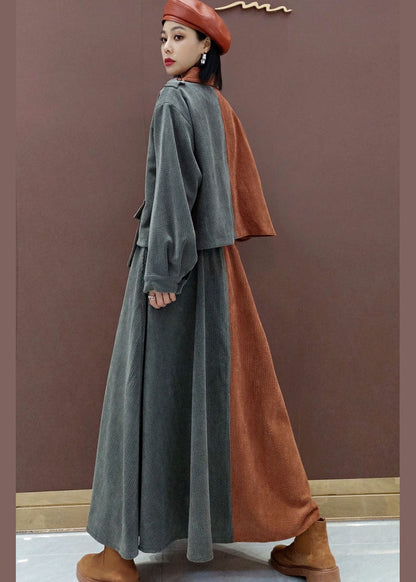 Fine V Neck Patchwork Corduroy Long Sleeved Tops Circle Skirts Two Piece Set Outfits
