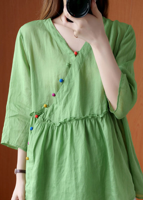 French Green V Neck Ruffled Asymmetrical Design Fall Half Sleeve Shirt