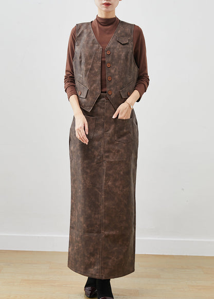 Khaki Tie Dye Faux Leather Two Piece Set Clothing Winter
