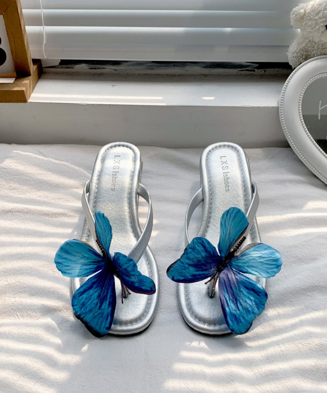 New Silver Butterfly Faux Leather Wedge Flip Flops