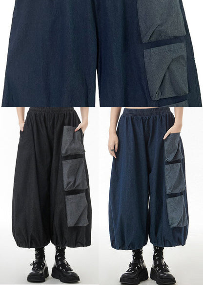 Blue Pockets Patchwork Harem Pants Spring