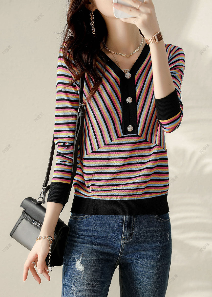 V Neck Striped Patchwork Shirt Spring