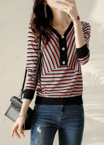 V Neck Striped Patchwork Shirt Spring