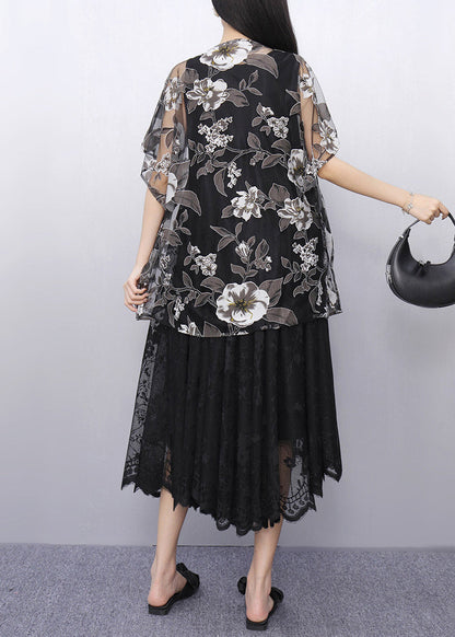 Black Print Tulle T Shirt and Long Dress Two Pieces Set Batwin Sleeve