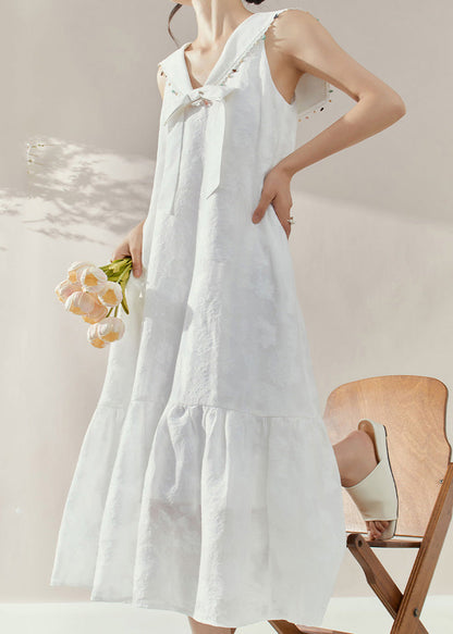 White Sailor Collar Bow Patchwork Maxi Dresses Summer