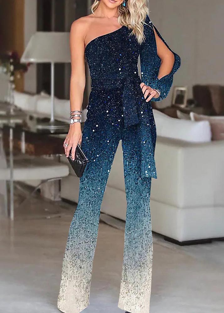 Gradient Blue One Shoulder Asymmetrical Design Sequins Two Pieces Set Summer