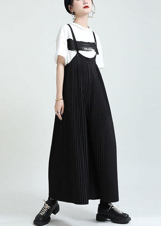 Black High Waist Wrinkled Wide Leg Summer Jumpsuit