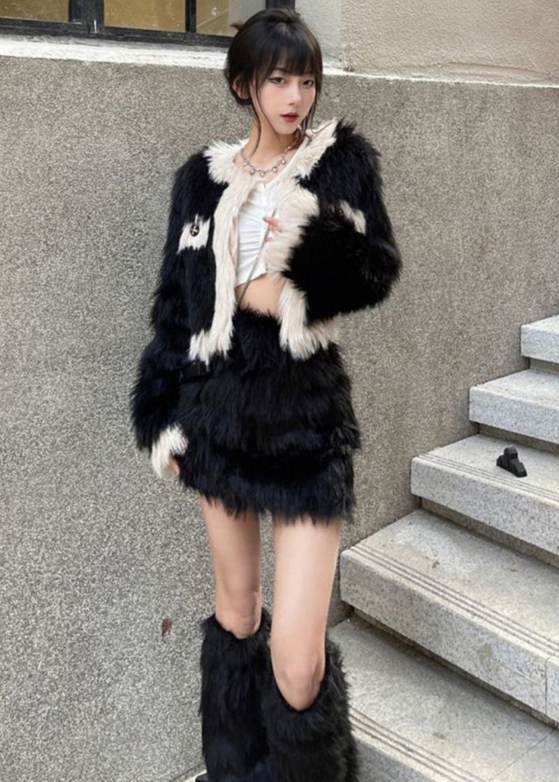 Stylish Black O-neck Coats and Skirts Mink Velvet Two Pieces Set Winter